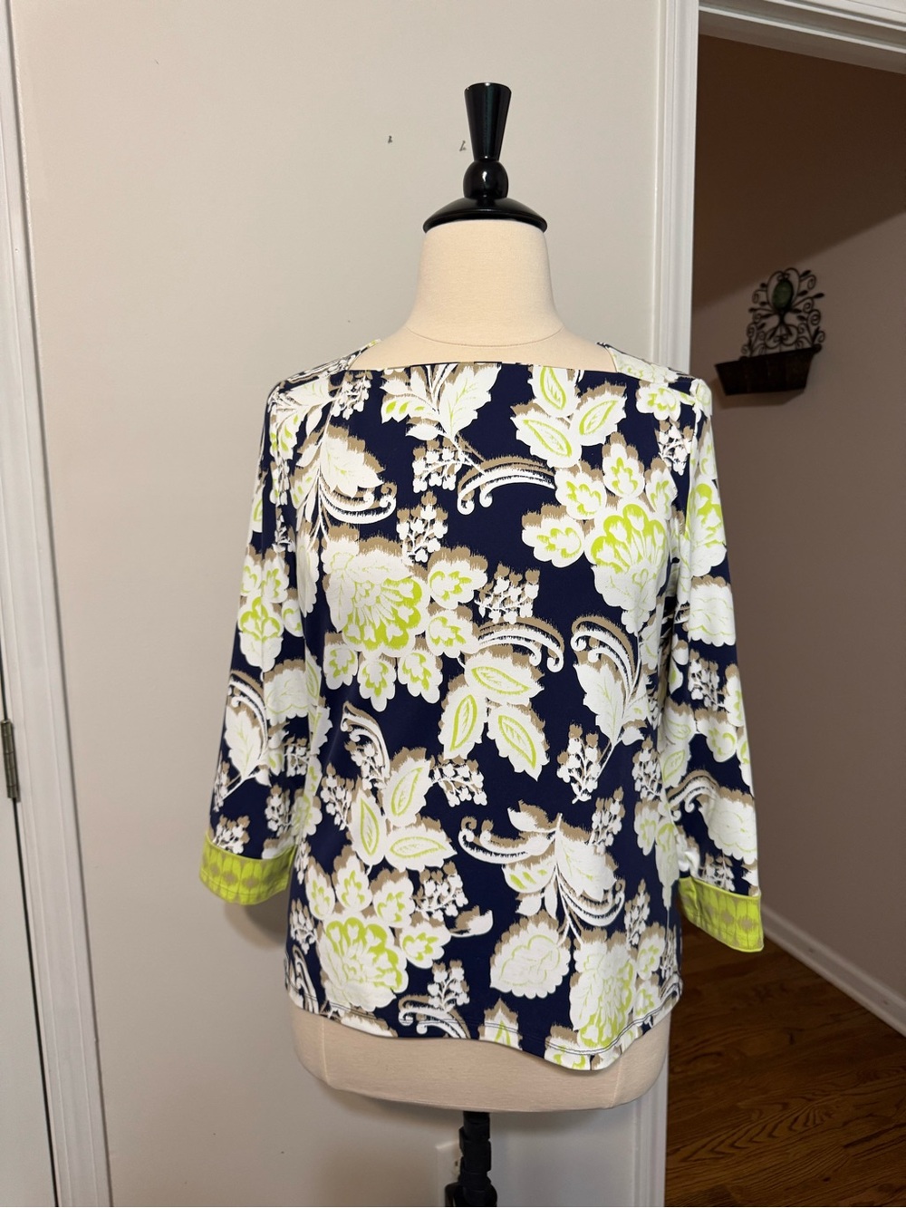 Talbots Navy Floral Boatneck Top with Lime Trim
